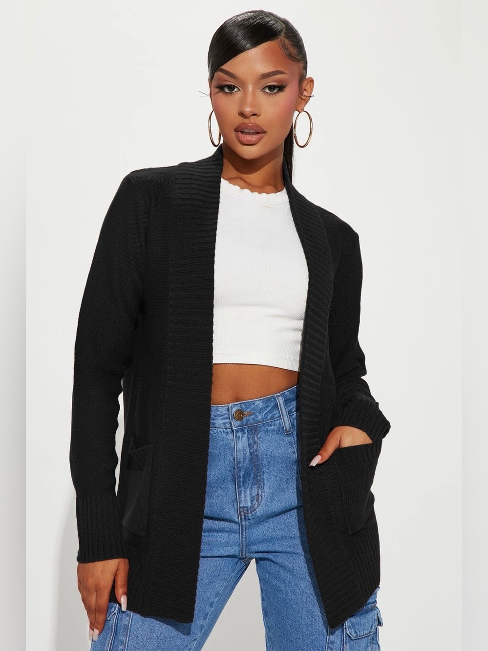 Fashion Nova Black Open Front Knit Cardigan Sweater with Pockets Size Medium